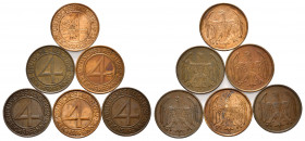WEIMARER REPUBLIK, 1919-1933, 4 Reichspfennig 1932 A (vz), D, E, F, G (zapon.), J (alle ss).
6 Stk., vz und ss
J.315