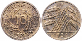 WEIMARER REPUBLIK, 1919-1933, 10 Reichspfennig 1931 G.
l.korrod./Fundbelag, ss
J.317