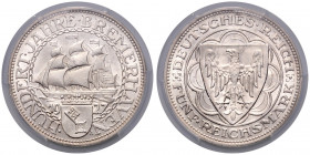 WEIMARER REPUBLIK, 1919-1933, 5 Reichsmark 1927 A. Bremerhaven.
PCGS MS65
J.326