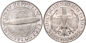 WEIMARER REPUBLIK, 1919-1933, 3 Reichsmark 1930 D. Zeppelin.
l.Patina, st
J.342