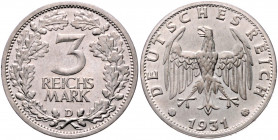 WEIMARER REPUBLIK, 1919-1933, 3 Reichsmark 1931 D.
vz+
J.349