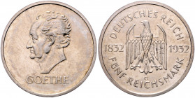 WEIMARER REPUBLIK, 1919-1933, 5 Reichsmark 1932 G. Goethe.
poliert, vz aus PP
J.351