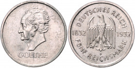 WEIMARER REPUBLIK, 1919-1933, 5 Reichsmark 1932 J. Goethe.
Vs.Kr., ss-vz
J.351