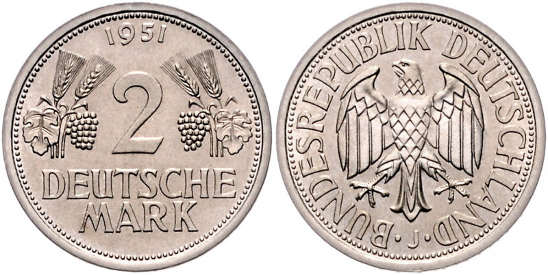 BUNDESREPUBLIK DEUTSCHLAND, 2 DM 1951 J. Ähren, Weinblatt und Weintrauben.
st
...