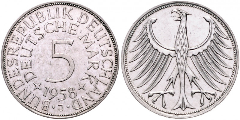 BUNDESREPUBLIK DEUTSCHLAND, 5 DM 1958 J.
winz.Kr., vz-st
J.387