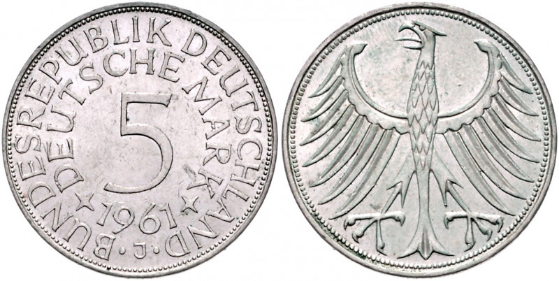 *BUNDESREPUBLIK DEUTSCHLAND, 5 DM 1961 J.
prägefr.
J.387