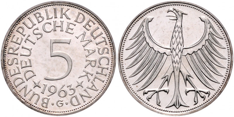 BUNDESREPUBLIK DEUTSCHLAND, 5 DM 1963 G. Nur 200 Ex. geprägt.
PP
J.387