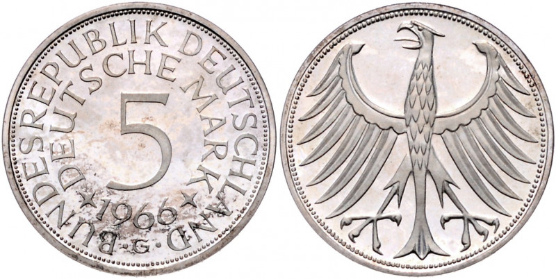 BUNDESREPUBLIK DEUTSCHLAND, 5 DM 1966 G.
l.patiniert, PP
J.387