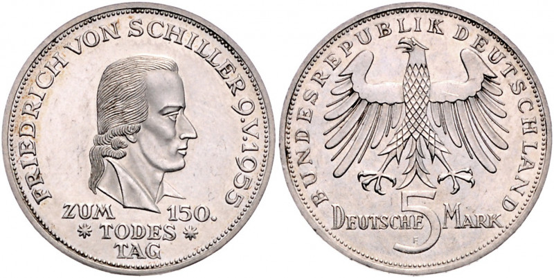 BUNDESREPUBLIK DEUTSCHLAND, 5 DM 1955 F. Friedrich von Schiller.
vz+
J.389