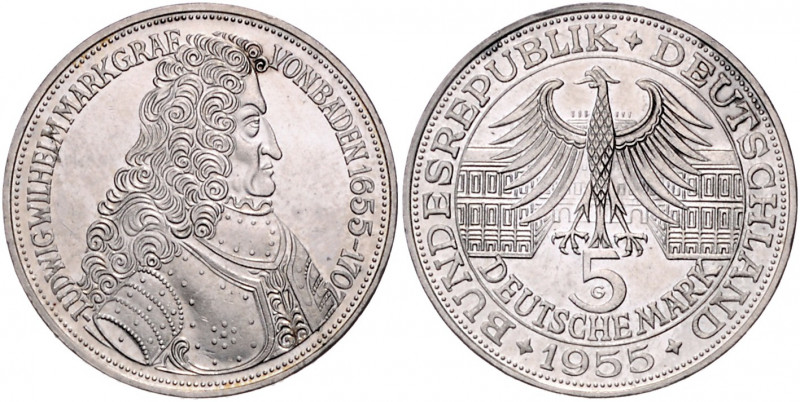 BUNDESREPUBLIK DEUTSCHLAND, 5 DM 1955 G. Markgraf von Baden.
vz
J.390