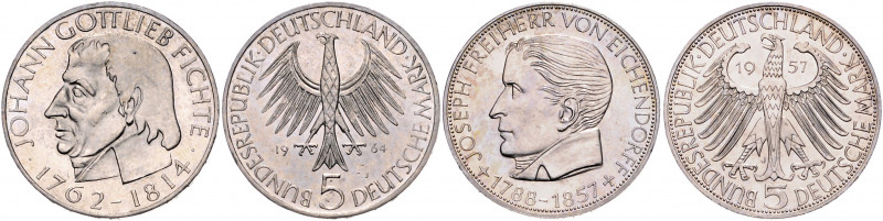BUNDESREPUBLIK DEUTSCHLAND, 5 DM 1957 Eichdorff (vz+). DAZU: 5 Mark 1964 J. Fich...