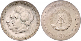 DEUTSCHE DEMOKRATISCHE REPUBLIK, 1949-1991, 20 Mark 1971. Karl Liebknecht/Rosa Luxemburg.
l.fleckig, f.st
J.1533