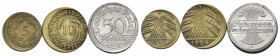VERPRÄGUNGEN, Kleinmünzen, 5 Rentenpfennig 1924 E (2mm verprägt, ss), 10 Reichspfennig 1924 J (2mm verprägt, ss), 50 Pfennig 1922 A (1mm verprägt, vz)...