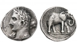 Greek Coins 
 Iberia, Carthago Nova 
 Hispano-Carthaginian issues. 1 ½ shekel circa 221-206, AR 10.75 g. Laureate head (Melqart or Hannibal) l., wit...