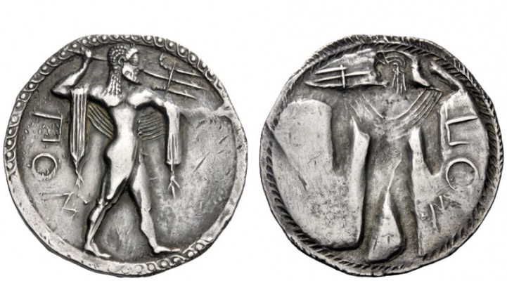 Greek Coins 
 Poseidonia 
 Nomos circa 520-500, AR 7.46 g. ΠΟΣ Poseidon bearde...