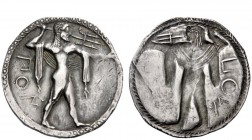 Greek Coins 
 Poseidonia 
 Nomos circa 520-500, AR 7.46 g. ΠΟΣ Poseidon bearded, diademed and naked but for chlamys over shoulders, advancing r., hu...