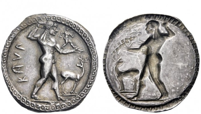 Greek Coins 
 Bruttium, Caulonia 
 Nomos circa 525-500, AR 7.95 g. KAVL Apollo...