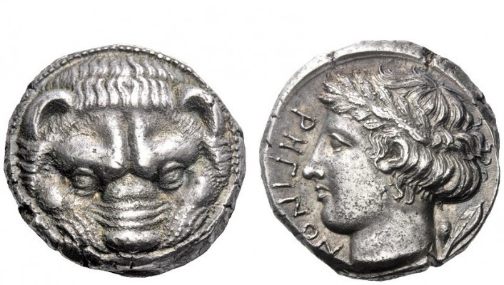 Greek Coins 
 Rhegium 
 Tetradrachm circa 415/410-387, AR 17.08 g. Lion's head...