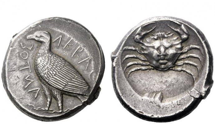 Greek Coins 
 Sicily, Agrigentum 
 Tetradrachm circa 475-472 or later, AR 17.4...