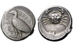 Greek Coins 
 Sicily, Agrigentum 
 Tetradrachm circa 475-472 or later, AR 17.49 g. AKRAC – ANTOΣ (retrograde) Eagle standing l., with closed wings. ...