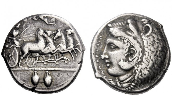 Greek Coins 
 Camarina 
 Tetradrachm signed by Exakestidas circa 410, AR 16.82...