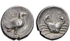 Greek Coins 
 Motya 
 Tetradrachm 405-397, AR 16.59 g. Eagle standing r. with folded wings; above, ‘mtv’ in Punic characters . Rev. Crab seen from a...