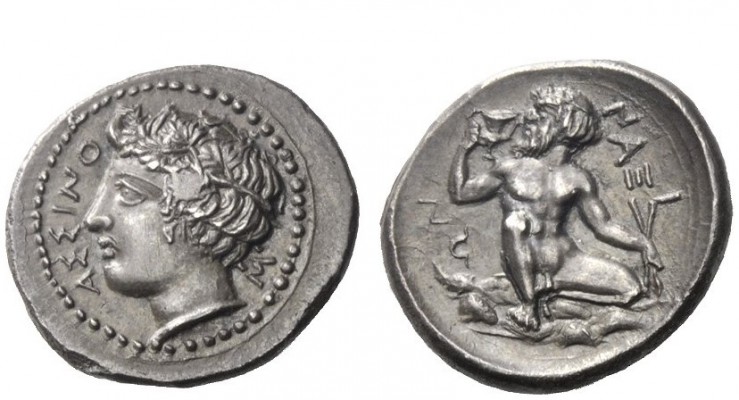 Greek Coins 
 Naxos 
 Hemidrachm circa 420, AR 2.05 g. ASSINO - S Ivy-wreathed...