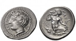 Greek Coins 
 Naxos 
 Hemidrachm circa 420, AR 2.05 g. ASSINO - S Ivy-wreathed head of river god Assinos l. Rev. NAΞI – ON Silenus squatting facing,...