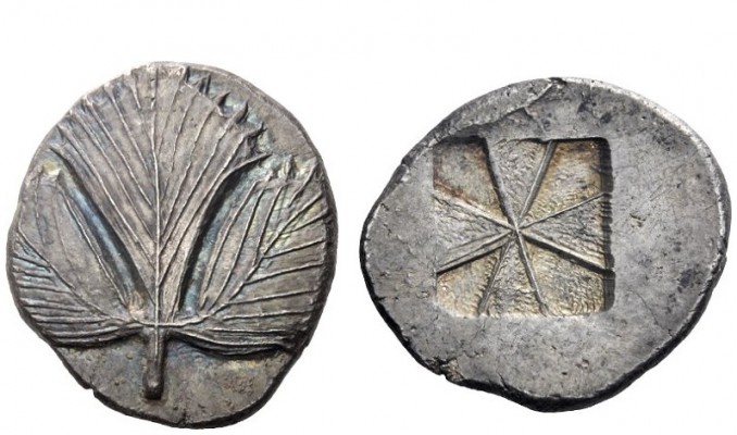 Greek Coins 
 Selinus 
 Didrachm circa 550-530, AR 9.01 g. Selinon leaf. Rev. ...