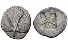 Greek Coins 
 Selinus 
 Didrachm circa 550-530, AR 9.01 g. Selinon leaf. Rev. Incuse squares divided by raised triangles. SNG Copenhagen 593. SNG AN...