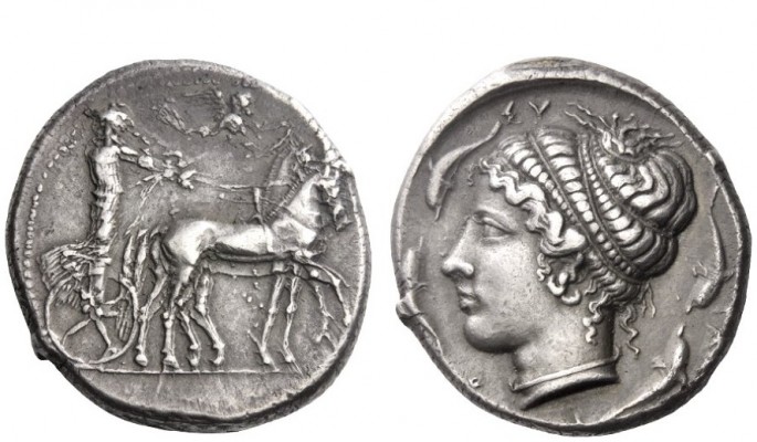 Greek Coins 
 Syracuse 
 Tetradrachm circa 420-415, AR 17.27 g. Slow quadriga ...
