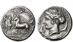 Greek Coins 
 Syracuse 
 Tetradrachm unsigned work by Eukleidas, circa 405-367, AR 17.32 g. Fast quadriga driven l. by charioteer holding reins and ...
