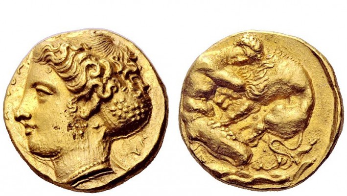 Greek Coins 
 Syracuse 
 Double-decadrachm signed by Euainetos circa 400, AV 5...