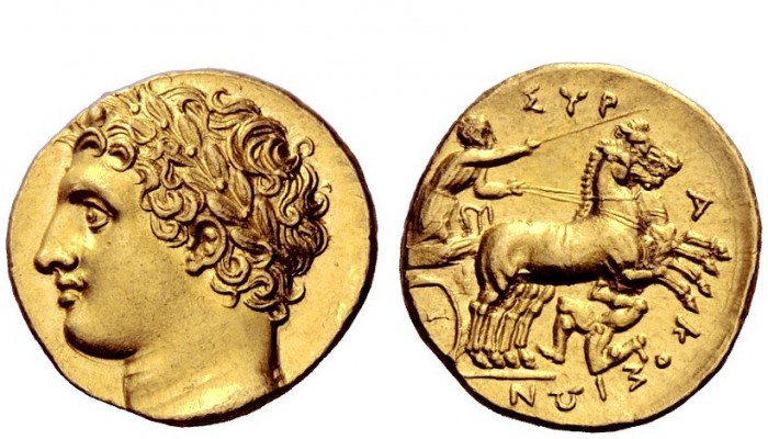 Greek Coins 
 Syracuse 
 Decadrachm circa 317-310, AV 4.30 g. Laureate head of...