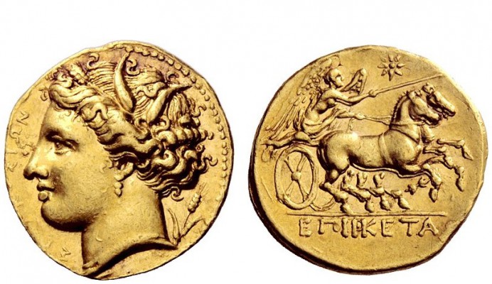 Greek Coins 
 Syracuse 
 Decadrachm circa 287-278, AV 4.24 g. ΣYPAKOΣIΩN Head ...