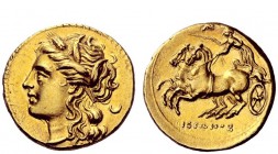 Greek Coins 
 Syracuse 
 Decadrachm 217-214, AV 4.26 g. Head of Kore-Persephone l., wearing barley wreath; behind, crescent. Rev. Fast biga driven l...