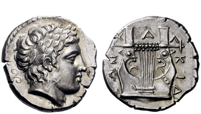 Greek Coins 
 Macedonia, Olynthus 
 Tetradrachm circa 410-401, AR 14.46 g. Lau...