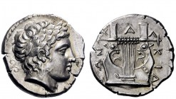 Greek Coins 
 Macedonia, Olynthus 
 Tetradrachm circa 410-401, AR 14.46 g. Laureate head of Apollo r; behind, palmette. Rev. X – A – Λ – KIΔ – EΩN S...