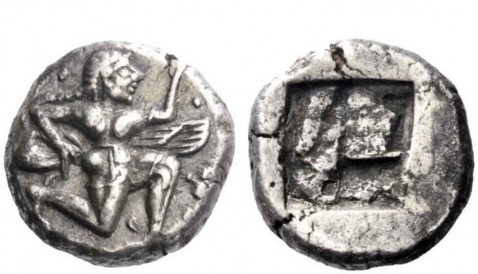 Greek Coins 
 Uncertain mint 
 Stater circa 480, AR 8.75 g. Winged male figure...