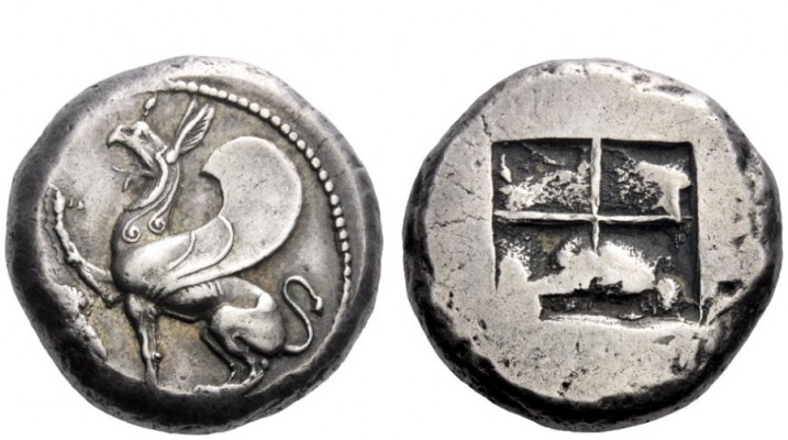 Greek Coins 
 Thrace, Abdera 
 Octodrachm circa 490, AR 29.94 g. Griffin seate...