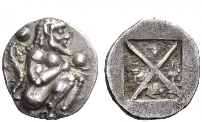 Greek Coins 
 Siris or Lete 
 Trihemiobol circa 525-480, AR 0.98 g. Satyr, wit...