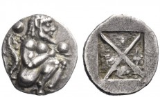 Greek Coins 
 Siris or Lete 
 Trihemiobol circa 525-480, AR 0.98 g. Satyr, with tail, crouching r.; to l. and r., two pellets. Rev. Quadripartite in...