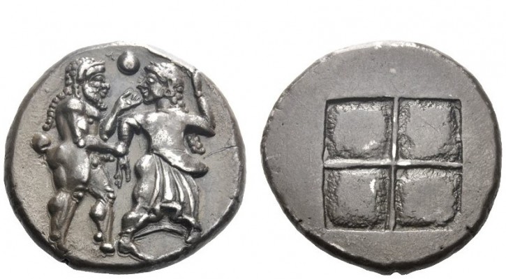 Greek Coins 
 Siris or Lete 
 Stater circa 490, AR 9.83 g. Nude ithyphallic sa...