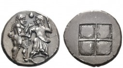 Greek Coins 
 Siris or Lete 
 Stater circa 490, AR 9.83 g. Nude ithyphallic satyr grasping r. arm of nymph, trying to move away from him; in field a...