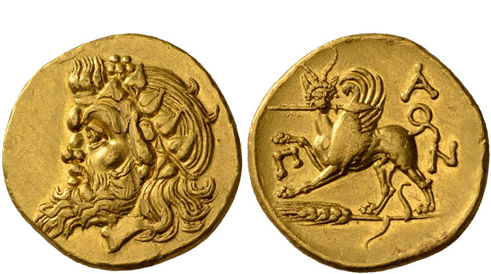 Greek Coins 
 Tauric Chersonesus, Panticapeum 
 Stater circa 340-325, AV 9.08 ...