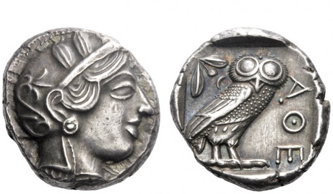 Greek Coins 
 Attica, Athens 
 Tetradrachm circa 415-407, AR 17.17 g. Head of ...