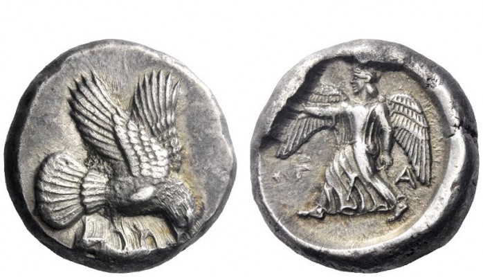 Greek Coins 
 Elis, Olympia 
 Stater circa 450-440, AR 12.35 g. Eagle flying r...