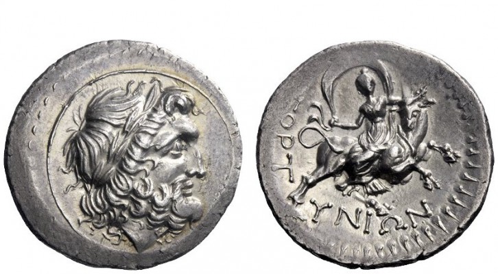 Greek Coins 
 Crete, Gortyna 
 Drachm circa 250-200, AR 5.27 g. Laureate head ...
