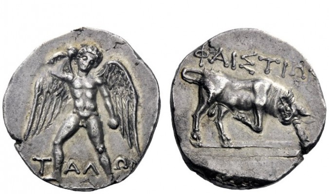 Greek Coins 
 Phaestus 
 Stater circa 300-270, AR 11.32 g. T – AL – WN Naked T...