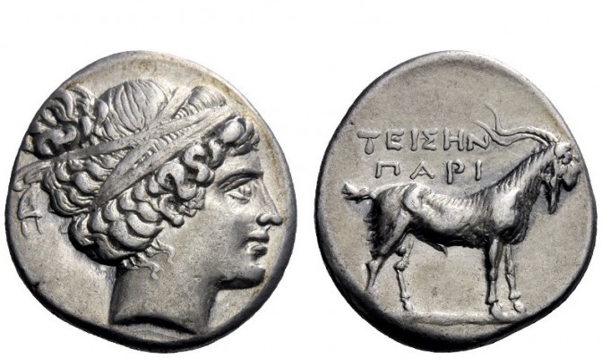 Greek Coins 
 Paros 
 Didrachm circa 200, AR 7.76 g. Female head (Artemis) r.,...